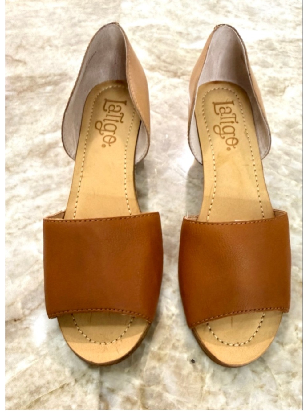 Latigo Brown leather Beige Cork Wedge Sandals Size 8. Peep toe